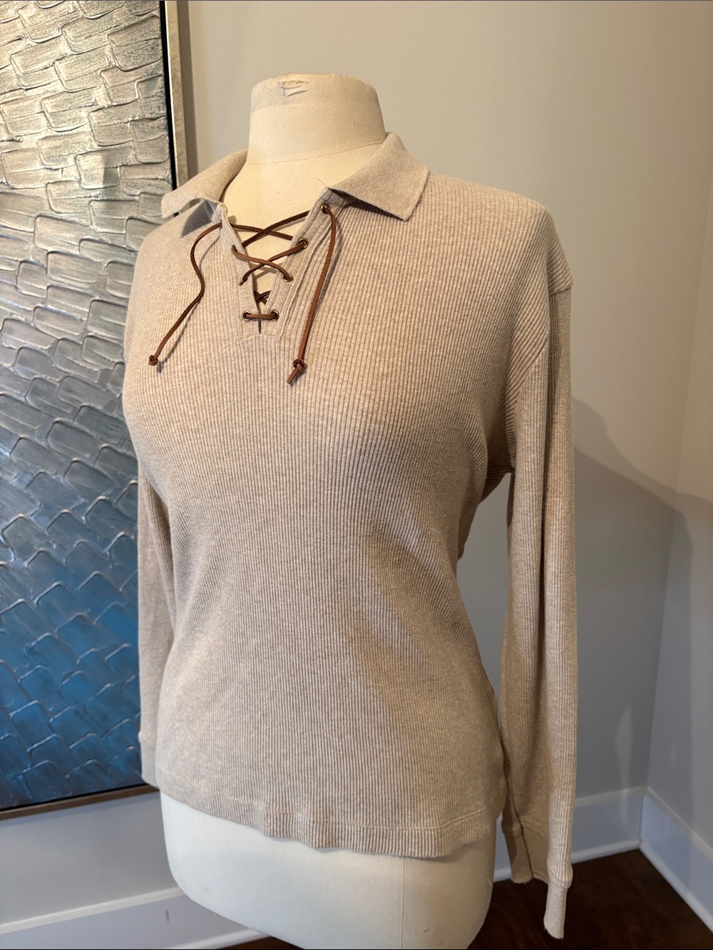Polo by Ralph Lauren Beige Lace-Up V-Neck Ribbed Polo Sweater XL